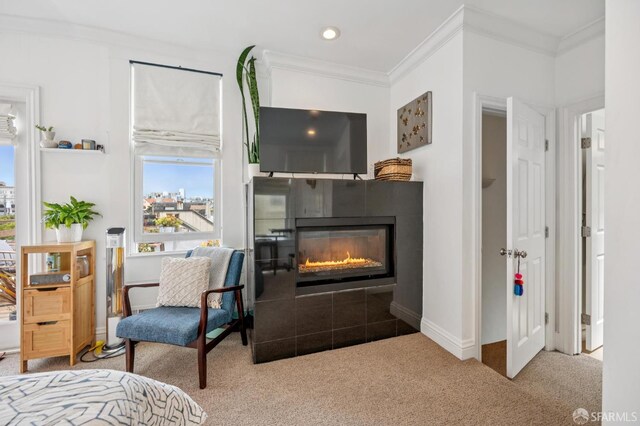 2922 Pine St, San Francisco, CA 94115 - bedroom featuring carpet flooring, a glass covered fireplace, crown molding, and recessed lighting