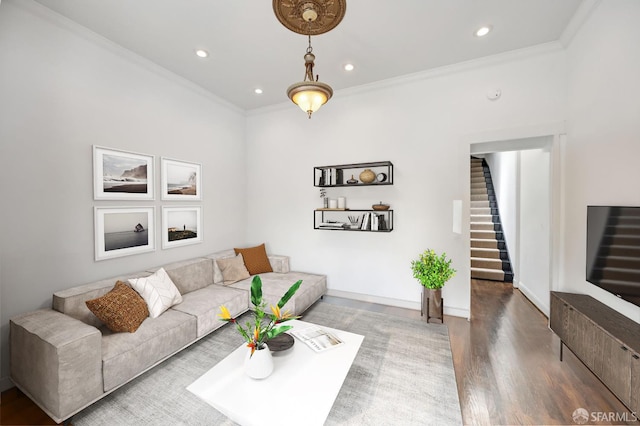 2922 Pine St, San Francisco, CA 94115 - living area with stairs, wood finished floors, ornamental molding, and recessed lighting