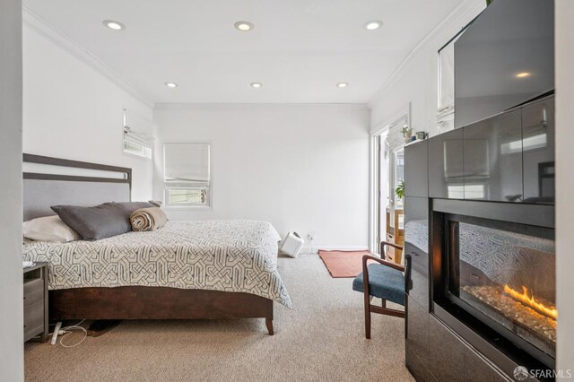 2922 Pine St, San Francisco, CA 94115 - bedroom with a glass covered fireplace, carpet flooring, ornamental molding, and recessed lighting