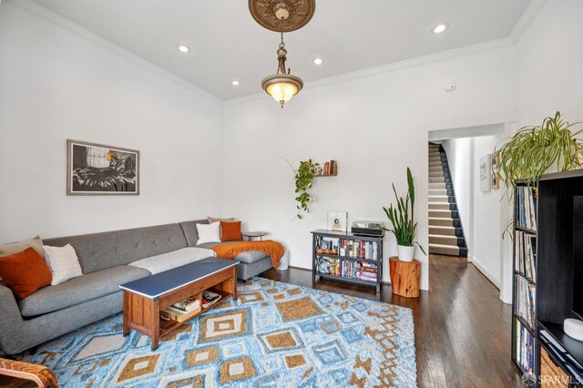 2922 Pine St, San Francisco, CA 94115 - living area featuring wood finished floors, stairs, ornamental molding, and recessed lighting