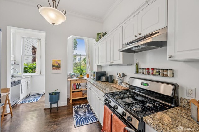 2922 Pine St, San Francisco, CA 94115 - kitchen featuring appliances with stainless steel finishes, under cabinet range hood, white cabinets, ornamental molding, and dark wood-type flooring