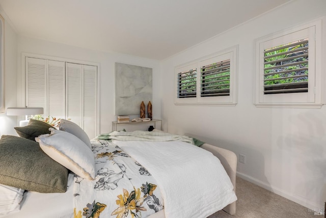 carpeted bedroom featuring a closet