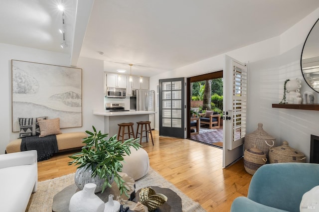 living room with french doors and light hardwood / wood-style floors