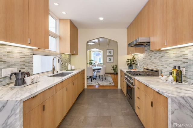 kitchen with a sink, high end stainless steel range oven, wall chimney exhaust hood, and light stone countertops