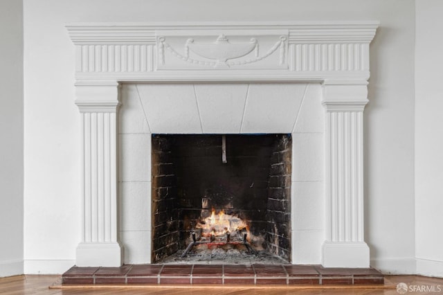 details featuring hardwood / wood-style floors and a fireplace