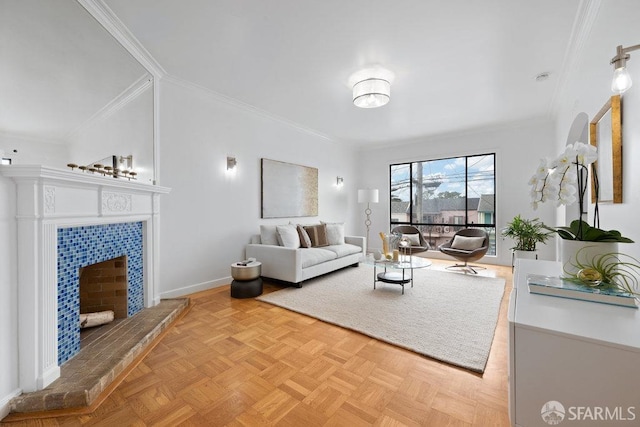 living room with a fireplace, baseboards, and crown molding