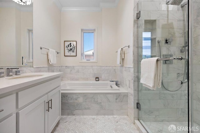 16 Barneson Ave, San Mateo, CA 94402 - full bath with vanity, a bath, ornamental molding, and a stall shower
