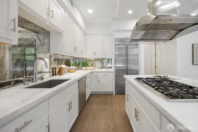 16 Barneson Ave, San Mateo, CA 94402 - kitchen featuring stainless steel appliances, island exhaust hood, a sink, wood finished floors, and white cabinets