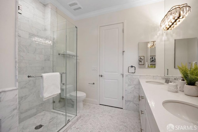 16 Barneson Ave, San Mateo, CA 94402 - bathroom with a stall shower, crown molding, double vanity, toilet, and tile walls