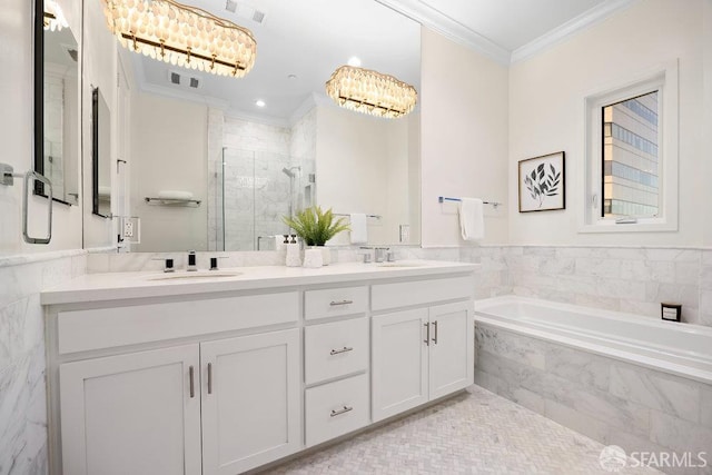 16 Barneson Ave, San Mateo, CA 94402 - full bath featuring a marble finish shower, ornamental molding, double vanity, a garden tub, and a chandelier