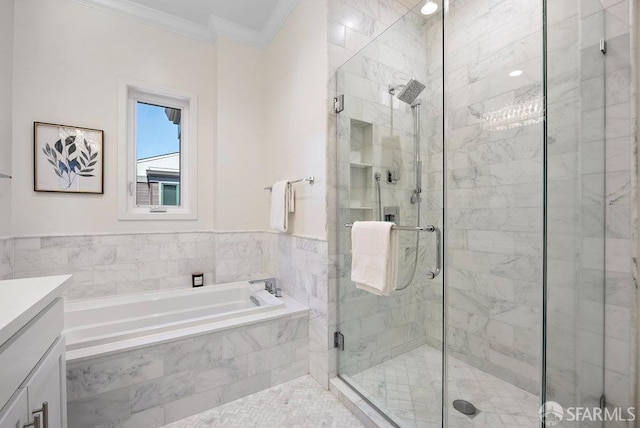 16 Barneson Ave, San Mateo, CA 94402 - bathroom featuring crown molding, a bath, a shower stall, and vanity