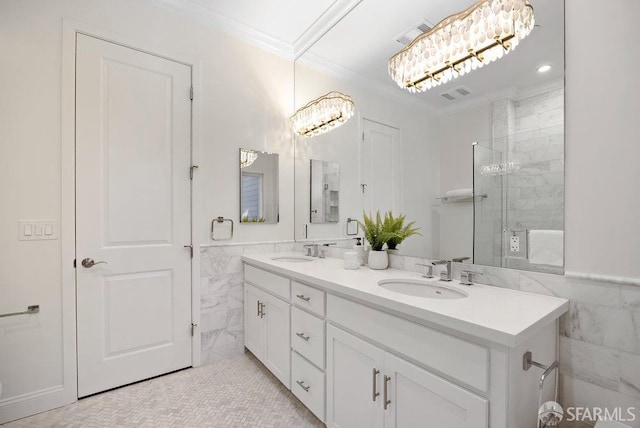 16 Barneson Ave, San Mateo, CA 94402 - bathroom featuring ornamental molding, double vanity, a tile shower, tile walls, and a wainscoted wall