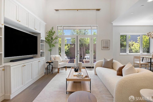 16 Barneson Ave, San Mateo, CA 94402 - living area featuring a towering ceiling, wood finished floors, french doors, and plenty of natural light