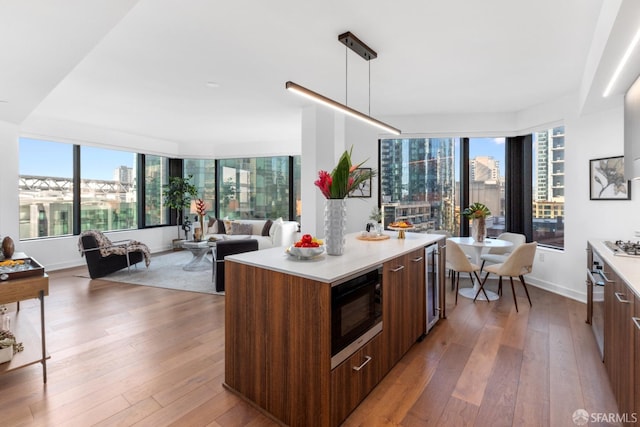 kitchen featuring light wood-type flooring, a healthy amount of sunlight, and black microwave