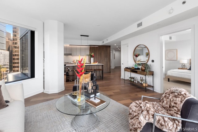 living room featuring dark hardwood / wood-style floors and plenty of natural light