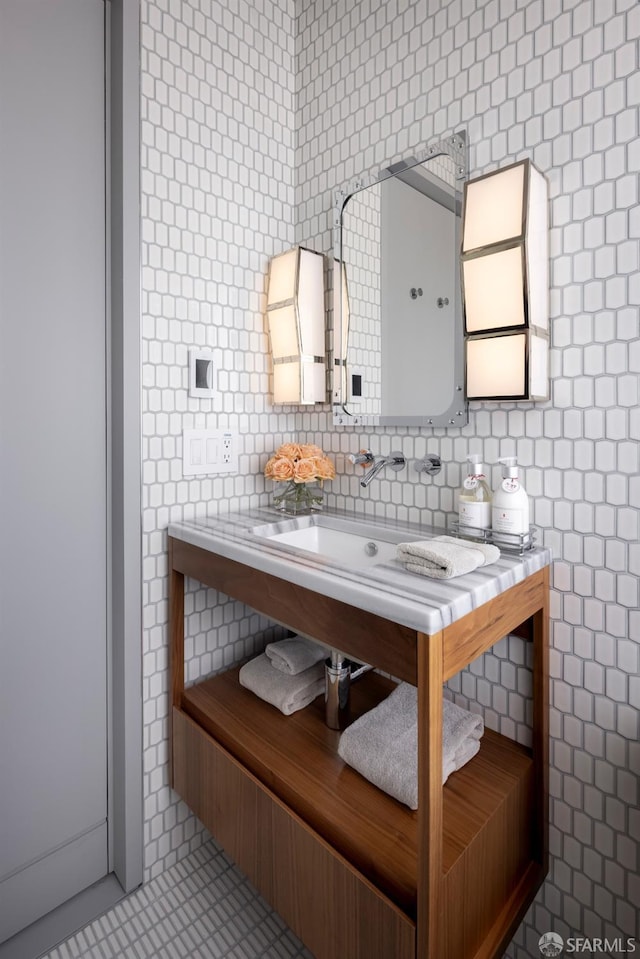 bathroom featuring tile patterned flooring, tile walls, and decorative backsplash