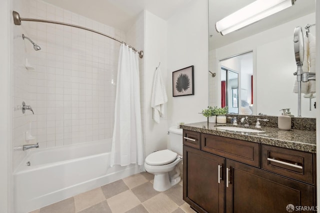 bathroom with shower / tub combo, vanity, toilet, and tile patterned floors