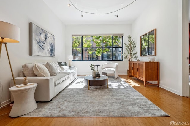 living room with rail lighting, baseboards, and wood finished floors