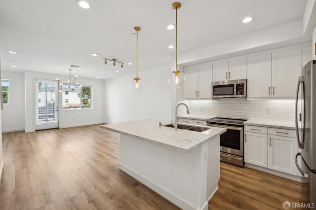 3821 Wattling St, Oakland, CA 94601 - kitchen with appliances with stainless steel finishes, a sink, decorative backsplash, white cabinets, and recessed lighting