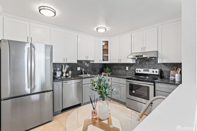 kitchen featuring white cabinetry, stainless steel appliances, decorative backsplash, sink, and light tile patterned floors