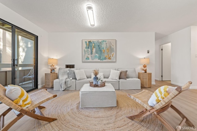 living room with a textured ceiling and light hardwood / wood-style flooring