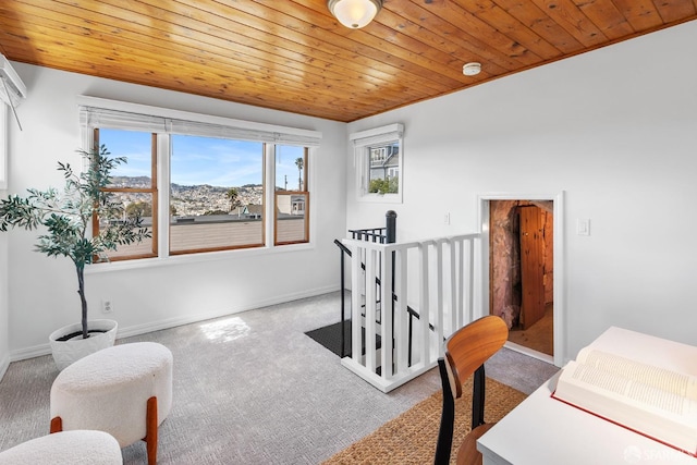 office featuring carpet, wood ceiling, and baseboards