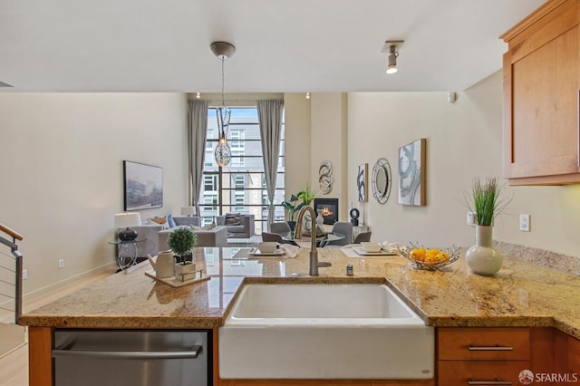 kitchen with sink, a fireplace, stainless steel dishwasher, light stone countertops, and rail lighting