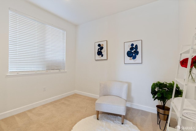 living area featuring light carpet