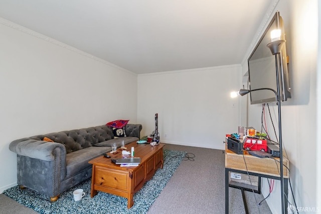 carpeted living room with crown molding