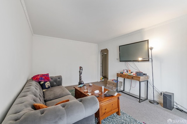 carpeted living room with crown molding