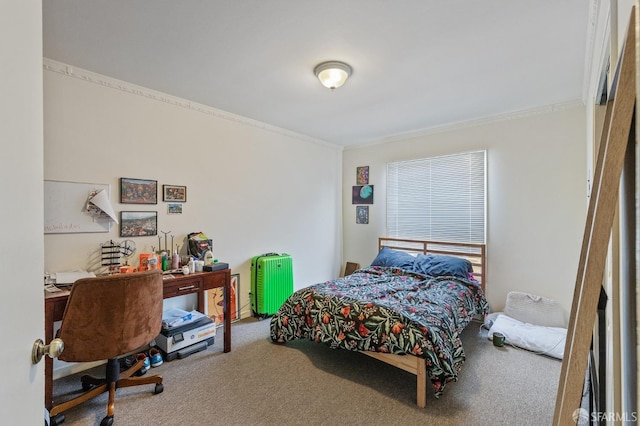 bedroom with carpet and crown molding