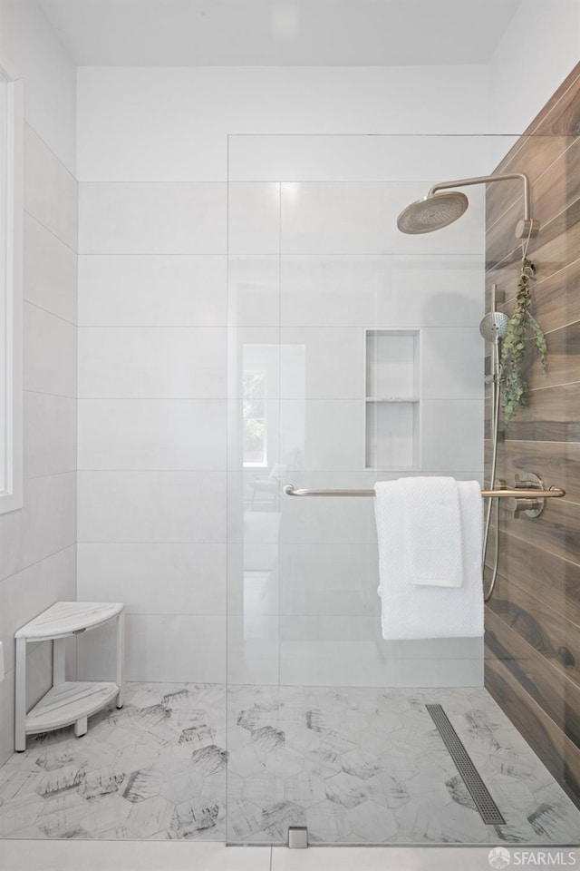 59 Octavia St, San Francisco, CA 94102 - bathroom featuring a shower stall and marble finish flooring