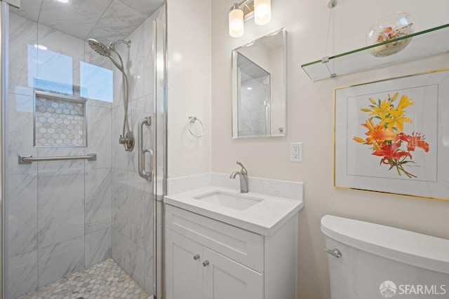 full bathroom featuring toilet, a shower stall, and vanity