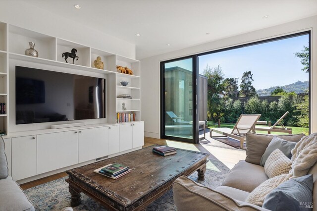 living room with built in shelves, light wood-type flooring, and recessed lighting