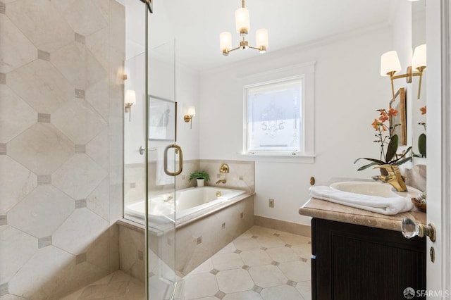 bathroom featuring a bath, a stall shower, vanity, and crown molding