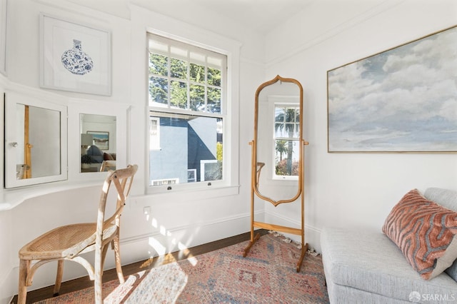 sitting room with baseboards and wood finished floors