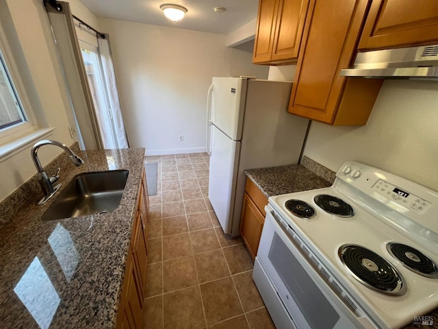 1080 Tijuana Ct, Santa Rosa, CA 95401 - kitchen featuring a sink, brown cabinets, white electric range, under cabinet range hood, and dark tile patterned floors