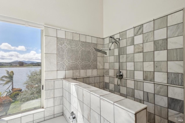 bathroom with tiled shower and a water view