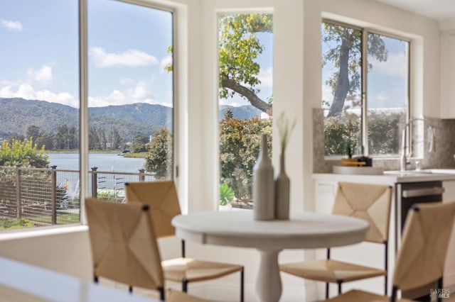 interior space with plenty of natural light and a water view