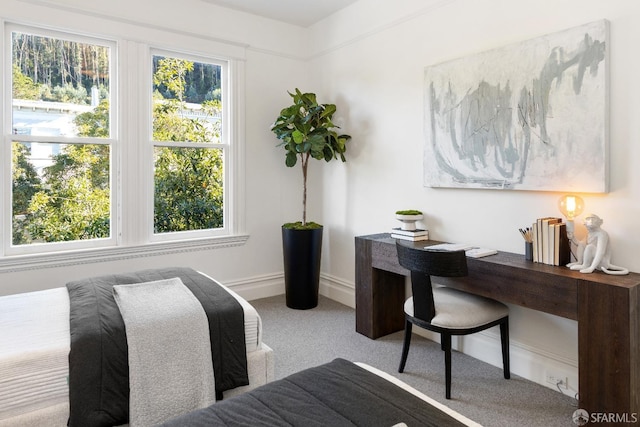 bedroom featuring light colored carpet