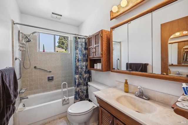 full bathroom with vanity, toilet, and shower / bathtub combination with curtain