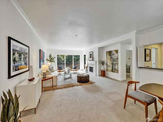 2790 19th Ave Unit 21, San Francisco, CA 94132 - carpeted living room featuring ornamental molding, a fireplace, and a textured ceiling