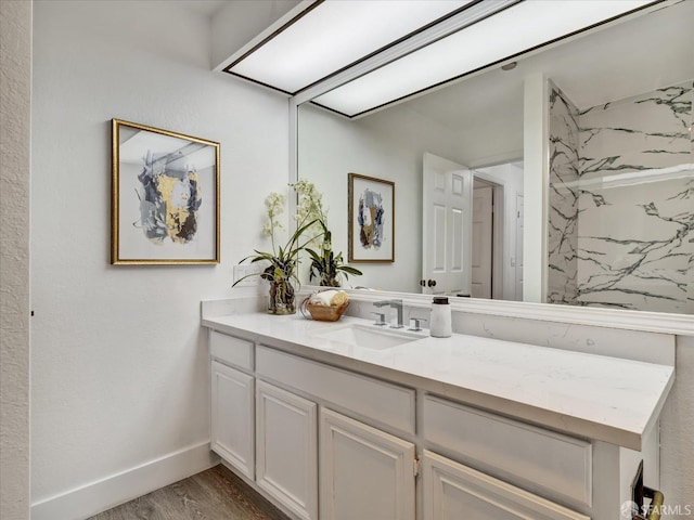 2790 19th Ave Unit 21, San Francisco, CA 94132 - bathroom with vanity, a marble finish shower, and wood finished floors