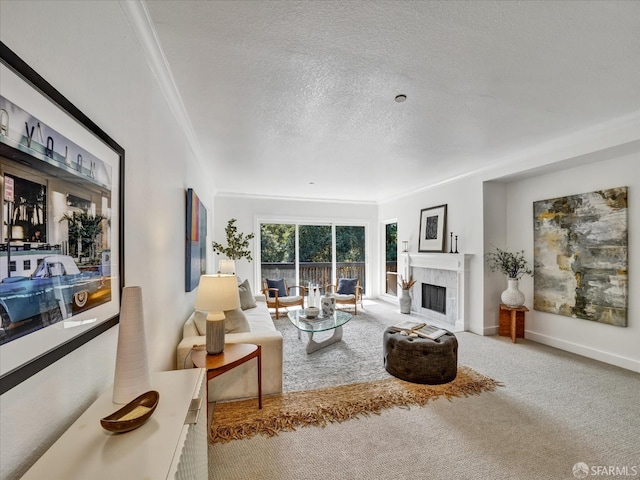 2790 19th Ave Unit 21, San Francisco, CA 94132 - living area featuring crown molding, a tiled fireplace, a textured ceiling, and carpet flooring