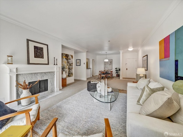 2790 19th Ave Unit 21, San Francisco, CA 94132 - living room with ornamental molding, carpet floors, and a fireplace