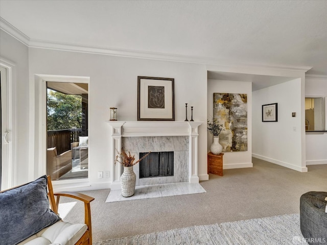 2790 19th Ave Unit 21, San Francisco, CA 94132 - living area featuring ornamental molding, carpet, and a premium fireplace