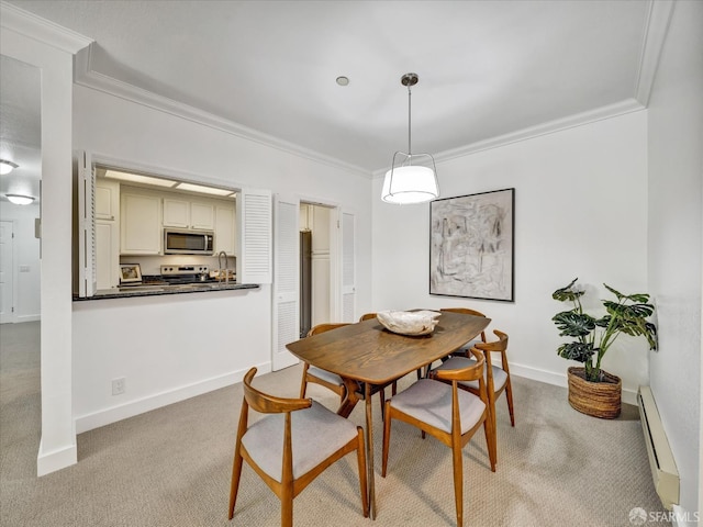 2790 19th Ave Unit 21, San Francisco, CA 94132 - carpeted dining room with ornamental molding and a baseboard heating unit