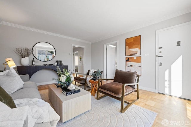 living room featuring crown molding and light parquet flooring