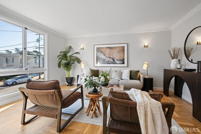 living room featuring light parquet floors and crown molding