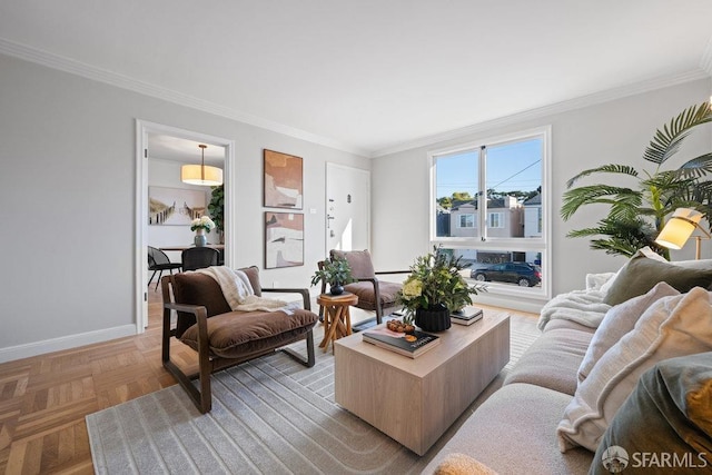 living room featuring ornamental molding and light parquet floors